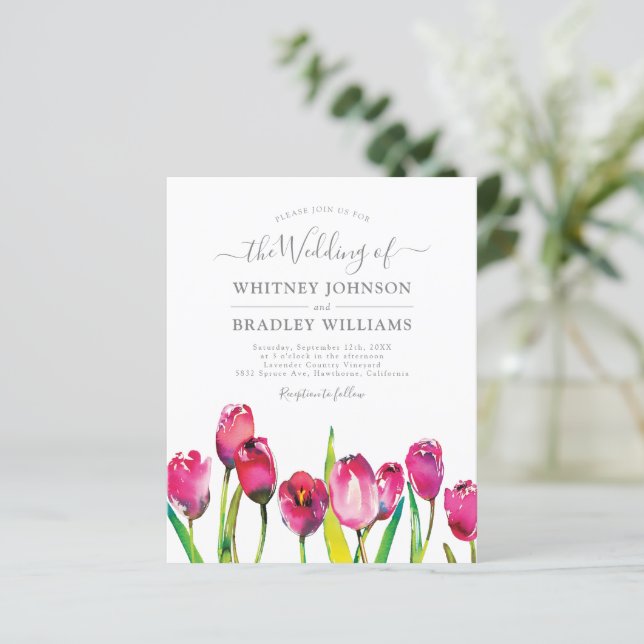 Budget Elegant Pink Tulip Wedding Invitations (Standing Front)