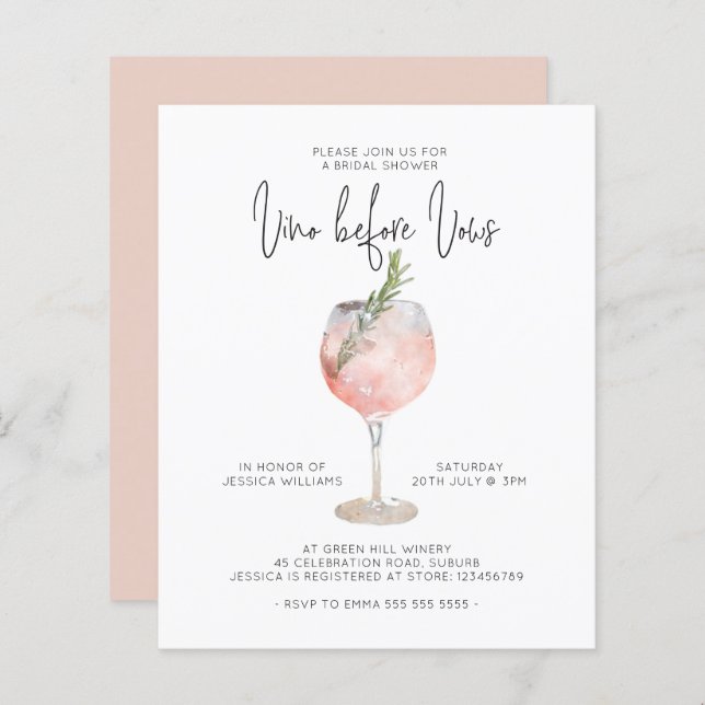 Budget Elegant Pink Vino Before Vows Bridal Shower (Front/Back)