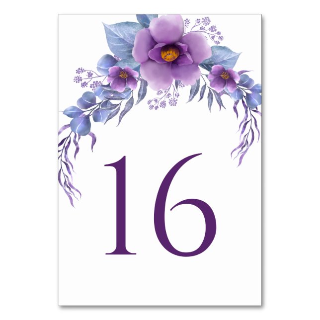 Budget Elegant Purple Floral Wedding Table Number (Front)