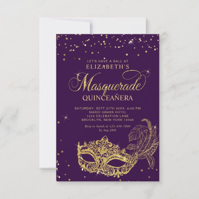 BUDGET Elegant Purple Gold Masquerade Quinceañera Card (Front)