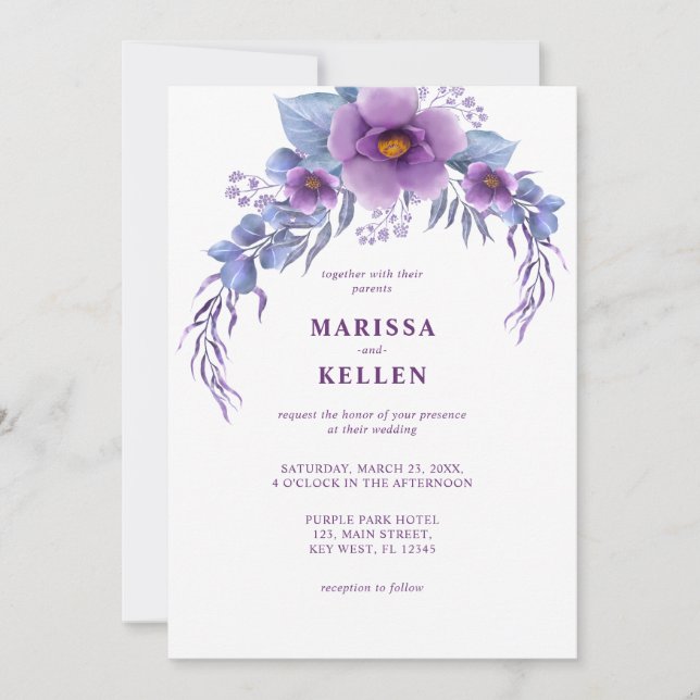 Budget Elegant Purple Watercolor Floral Wedding Invitation (Front)