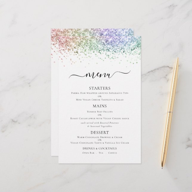 Budget Elegant Rainbow Glitter Wedding Menu (Front/Back In Situ)