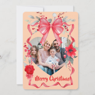 Budget Elegant Red Bow Christmas Four Photo Holiday Card