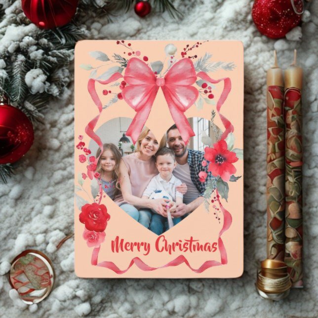 Budget Elegant Red Bow Christmas Four Photo Holiday Card (Creator Uploaded)