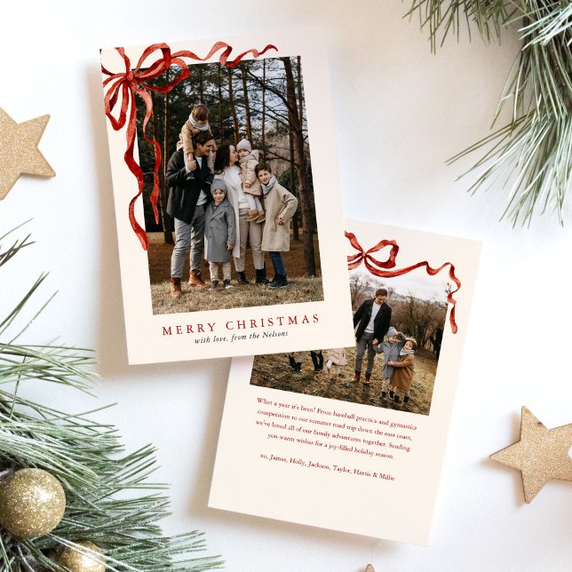Budget Elegant Red Bow Christmas Two Photo Holiday Card (Creator Uploaded)