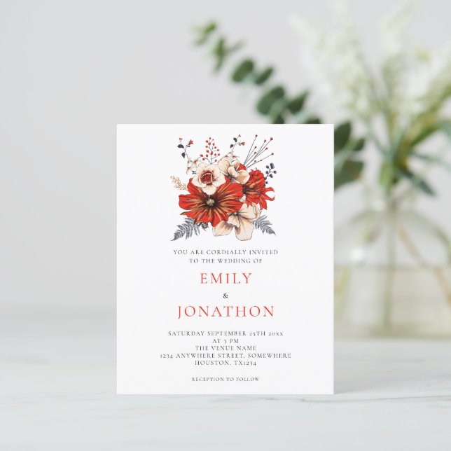 Budget Elegant Red Florals Wedding Invitation (Standing Front)