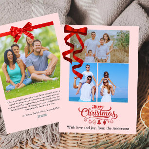 Budget Elegant Red Ribbon Christmas Four Photo Holiday Card