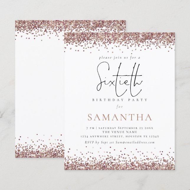 Budget Elegant Rose Gold Glitter 60th Party Invite (Front/Back)