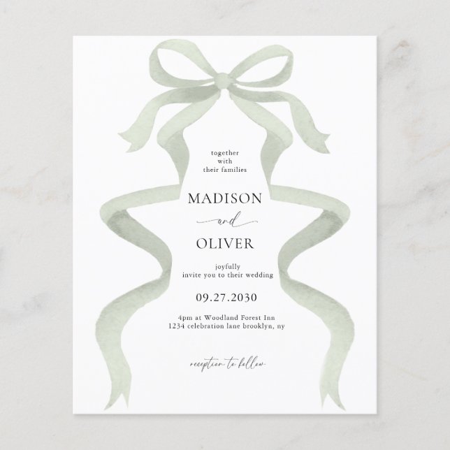 BUDGET Elegant Sage Green Bow Monogram Wedding (Front)