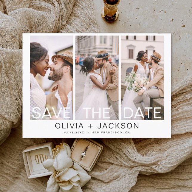 Budget Elegant Save the Date 3 Photo White Flyer (Creator Uploaded)