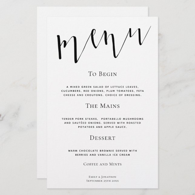 Budget Elegant Script Any Colour Wedding Menu (Front/Back)