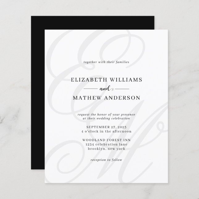 Budget Elegant Script Black White Monogram Wedding (Front/Back)