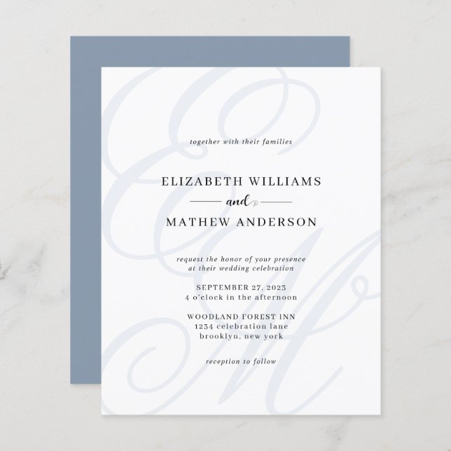 BUDGET Elegant Script Dusty Blue Monogram Wedding (Front/Back)