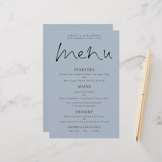 Budget Elegant Script Dusty Blue Wedding Menu (Front/Back In Situ)