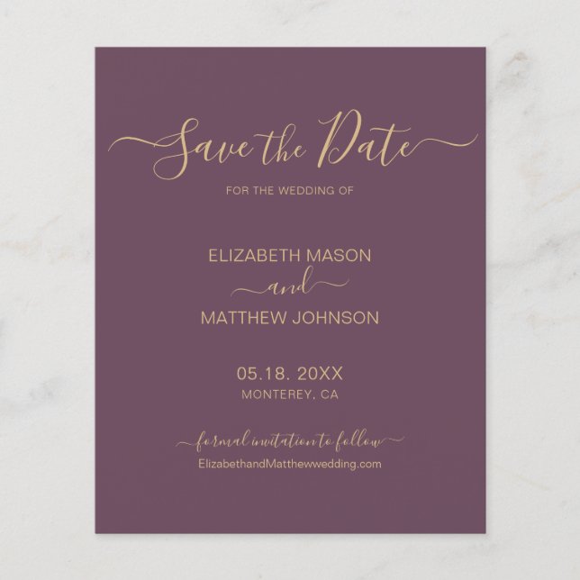 Budget Elegant Script Mauve and Gold Save The Date Flyer (Front)