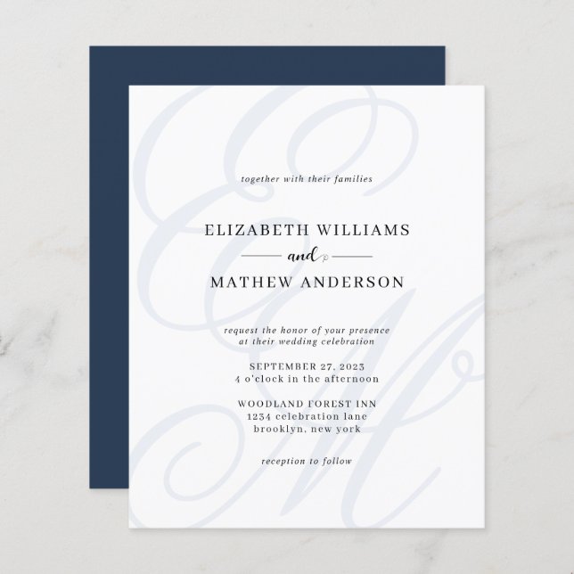Budget Elegant Script  Navy Blue Monogram Wedding (Front/Back)