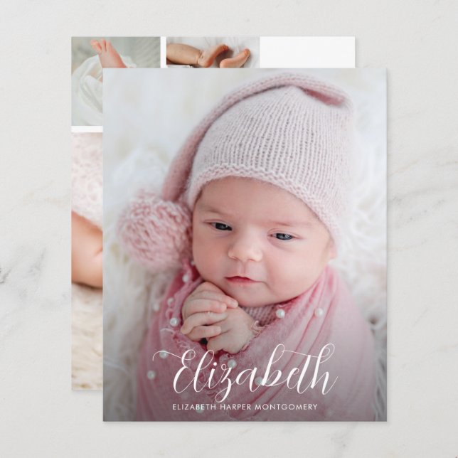 Budget Elegant Script Photo Birth Announcement (Front/Back)
