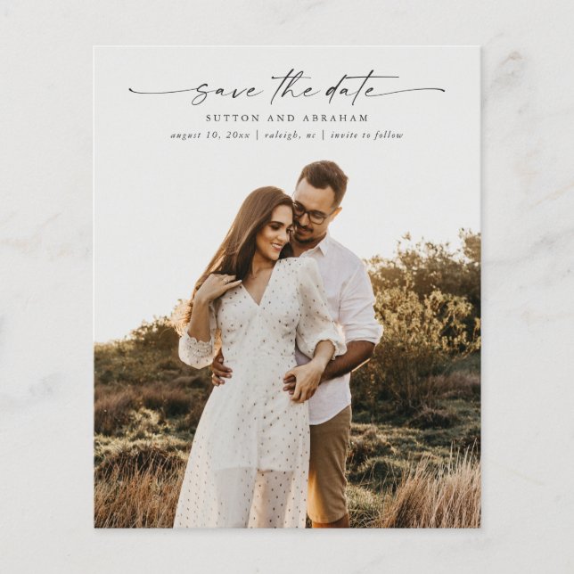 Budget Elegant Script Photo Wedding Save the Date (Front)