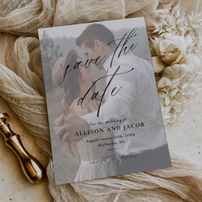 Budget Elegant Script Photo Wedding Save the Date (Elegant handwritten budget wedding photo save the date card.)