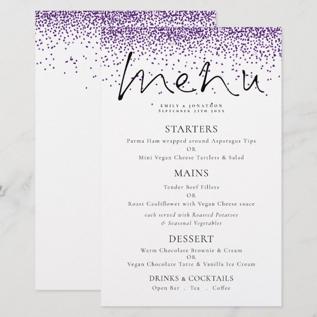 Budget Elegant Script Purple Glitter Wedding Menu (Front/Back)