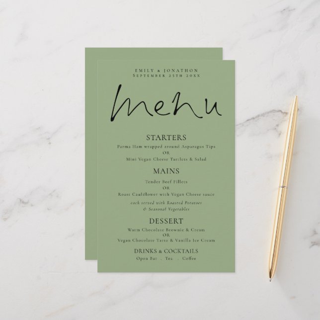 Budget Elegant Script Sage Green Wedding Menu (Front/Back In Situ)