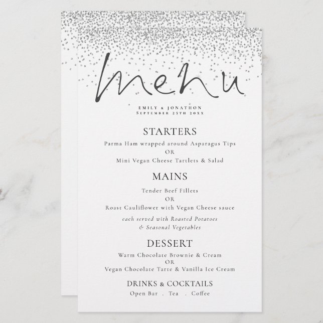 Budget Elegant Script Silver Glitter Wedding Menu (Front/Back)