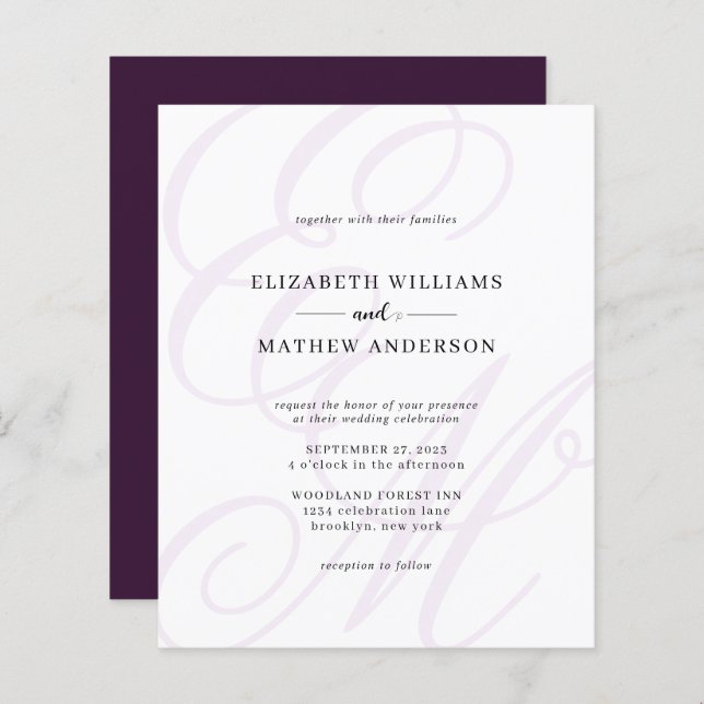 Budget Elegant Script Violet Monogram Wedding (Front/Back)