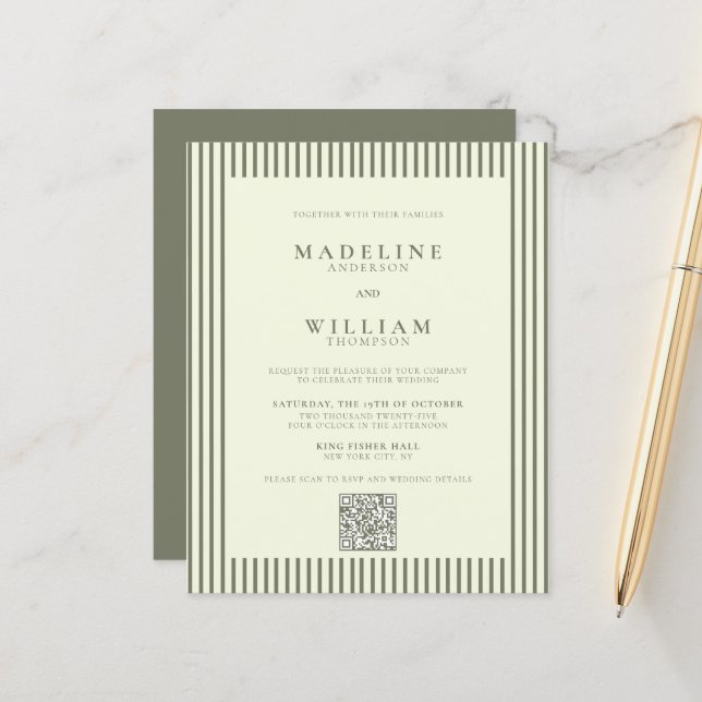 BUDGET Elegant Stripped Sage Green Qr Code Wedding (Front/Back In Situ)