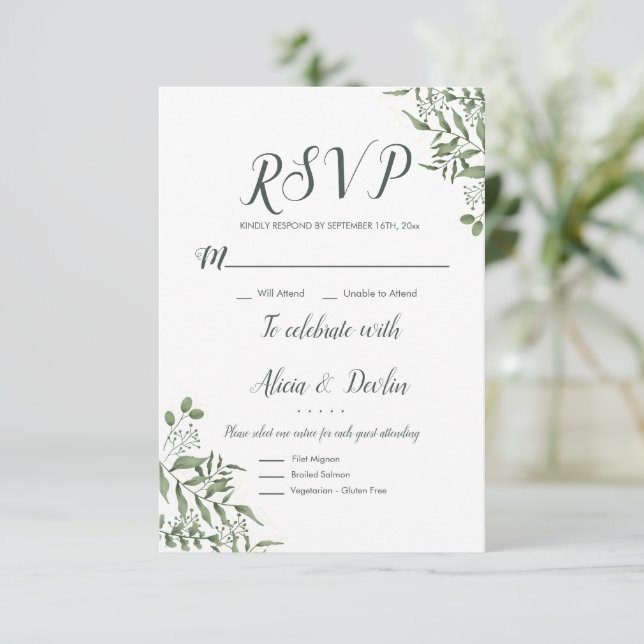 Budget Elegant Succulent Eucalyptus Leaves RSVP Card (Standing Front)