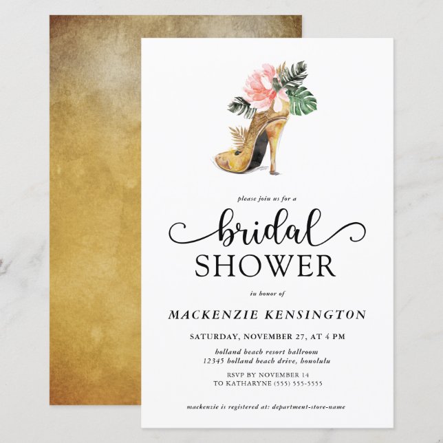 Budget Elegant Tropical Gold Heels Bridal Shower (Front/Back)