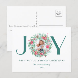 Budget Elegant Watercolor JOY & Photo Christmas Holiday Postcard