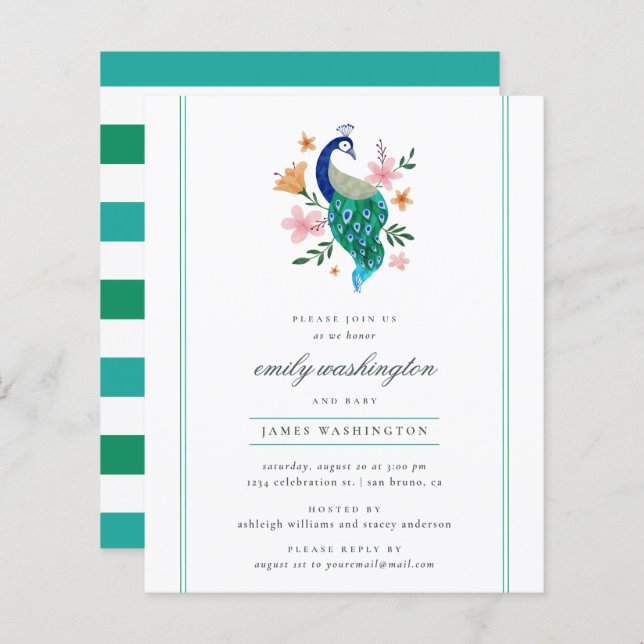 Budget Elegant Watercolor Peacock Baby Shower (Front/Back)