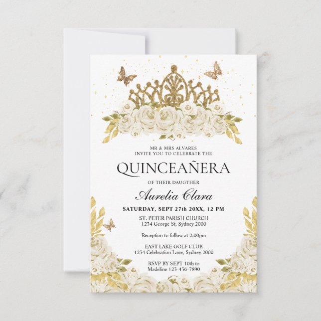 Budget Elegant White Floral Gold Tiara Quinceanera Card (Front)