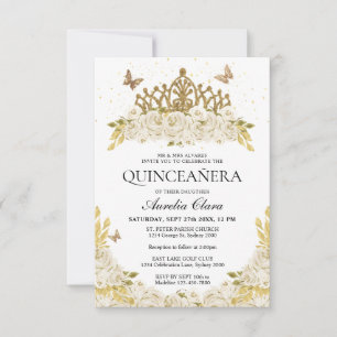 Budget Elegant White Floral Gold Tiara Quinceanera Card