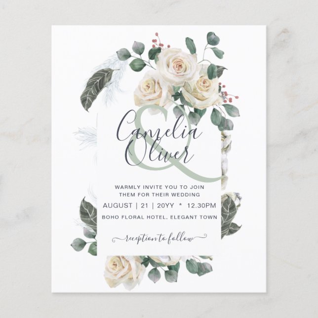 BUDGET Elegant White Roses Arch Wedding Invite Flyer (Front)