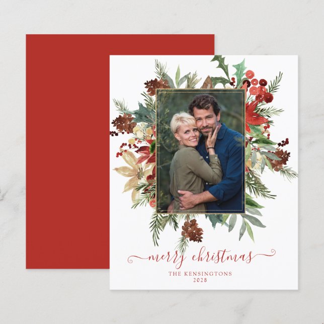 Budget Elegant Winter Floral Gold Christmas Photo (Front/Back)