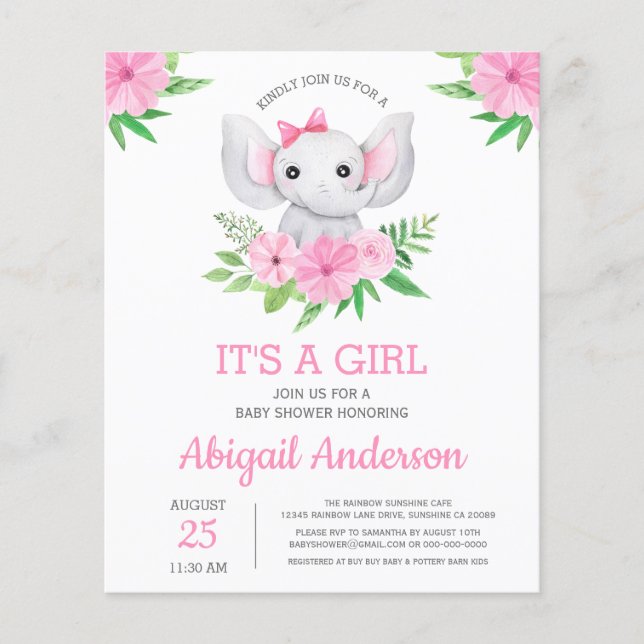 BUDGET Elephant Baby Shower Girly Invitation Flyer (Front)