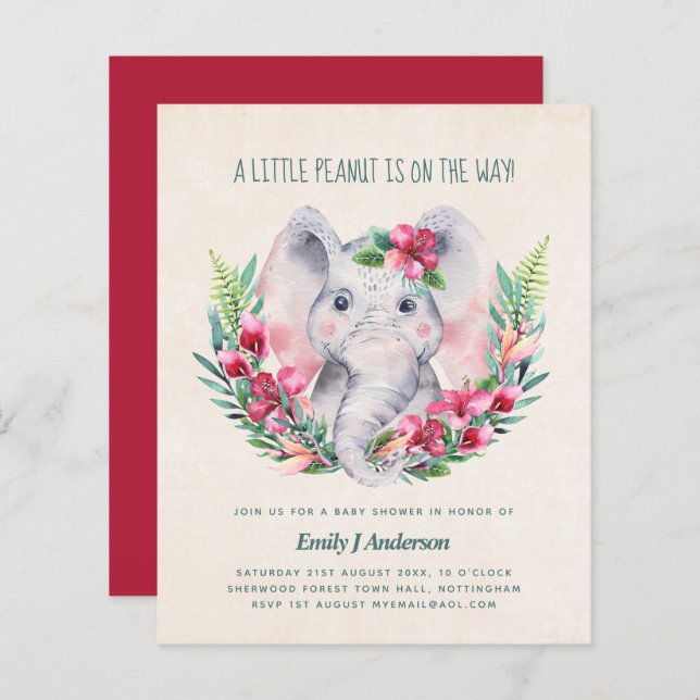 BUDGET Elephant Baby Shower Invite DeepPink Floral (Front/Back)