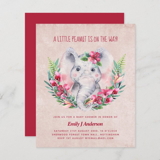 BUDGET Elephant Baby Shower Invite Safari (Front/Back)