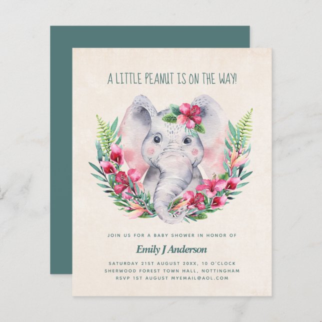 BUDGET Elephant Baby Shower Invite Safari (Front/Back)