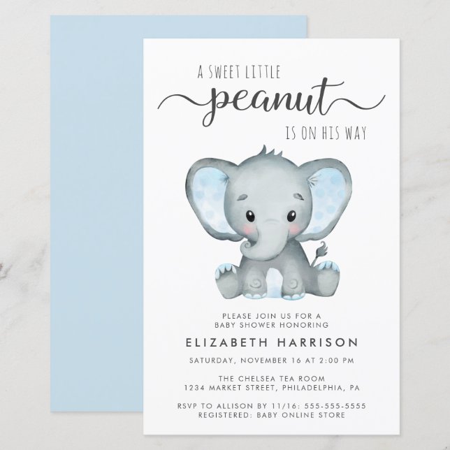 Budget Elephant Blue Baby Shower Invitation (Front/Back)