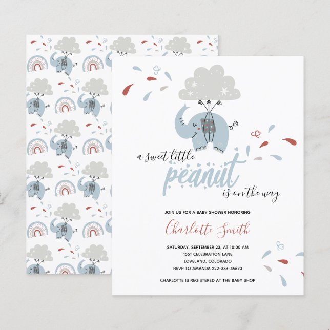 Budget Elephant Blue Boy's Baby Shower Invitation (Front/Back)