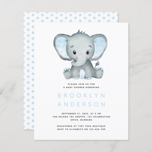 BUDGET Elephant Boy Baby Shower Invitation (Front/Back)