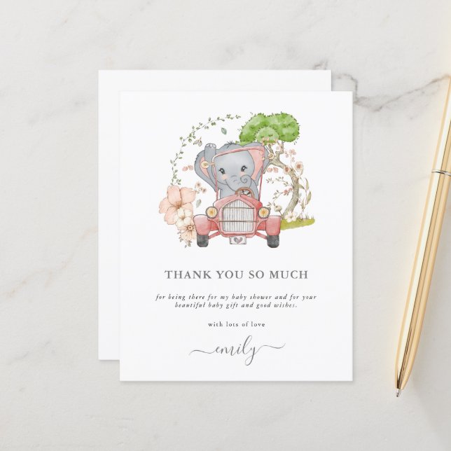 Budget Elephant Car Baby Shower Thank You (Front/Back In Situ)