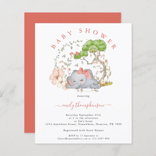 Budget Elephant Coral Girl Baby Shower Invitation (Front/Back)
