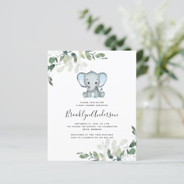 BUDGET Elephant Eucalyptus Baby Shower Invitation (Standing Front)