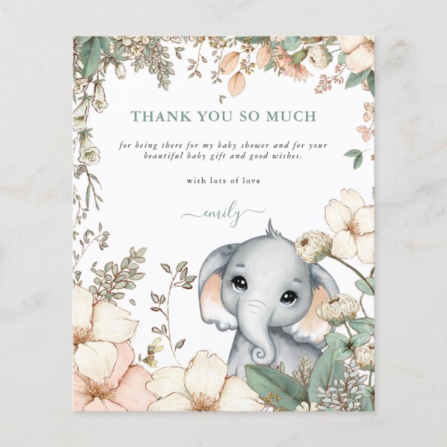 Budget Elephant Floral Sage Baby Shower Thank You (Front)