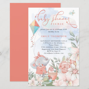 Budget Elephant Florals Baby Shower Picnic Invite