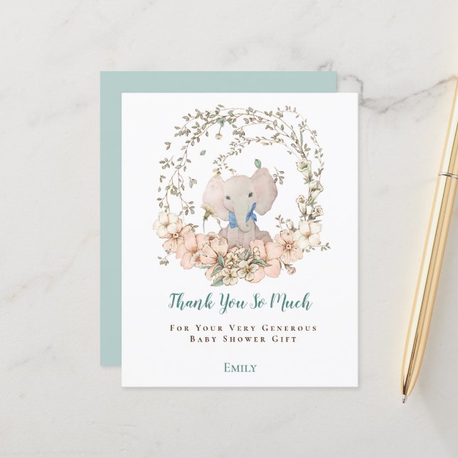 Budget Elephant Foliage Boy Baby Shower Thank You (Front/Back In Situ)
