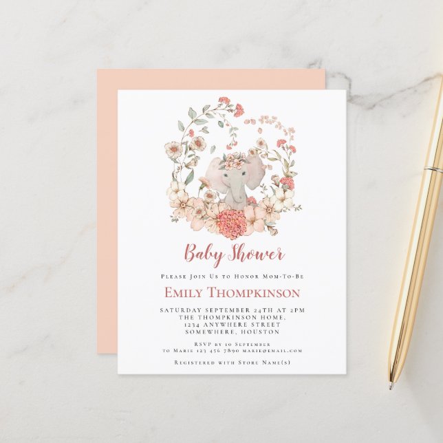 Budget Elephant Foliage Peach Baby Shower Invite (Front/Back In Situ)